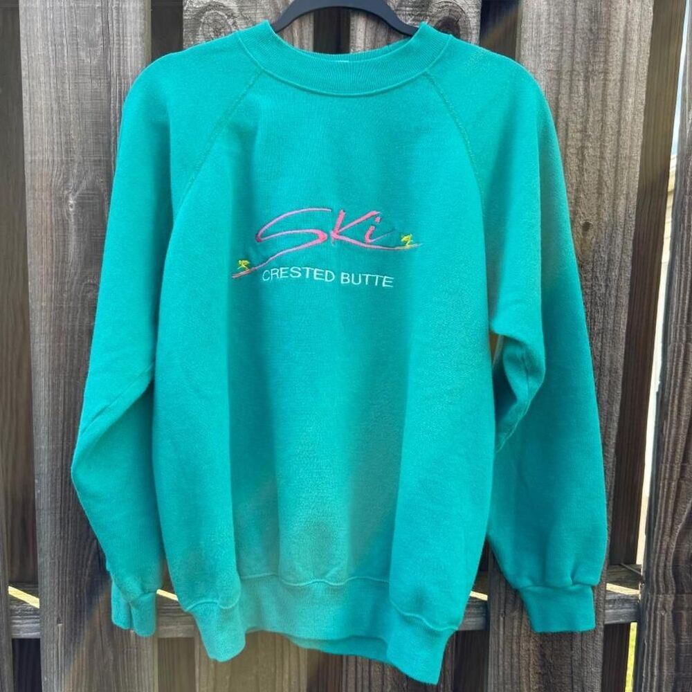 Ski Crested Butte Colorado Vintage Bright Green Crewneck Medium